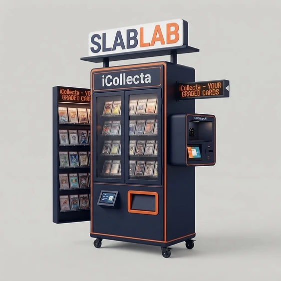 SlabLab Retail Kiosk — navy kiosk with orange trim, scanner bay, dispensing bay, and QR checkout screen
