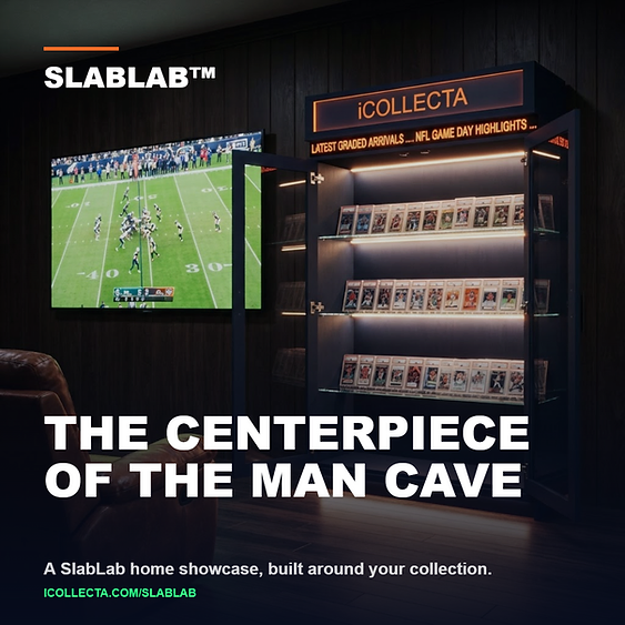 SlabLab Home Showcase — matte black glass-door graded card cabinet for man caves and card shops