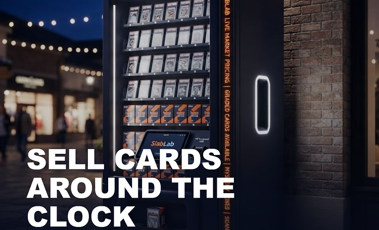 A SlabLab kiosk glowing at a trading card show as collectors open packs