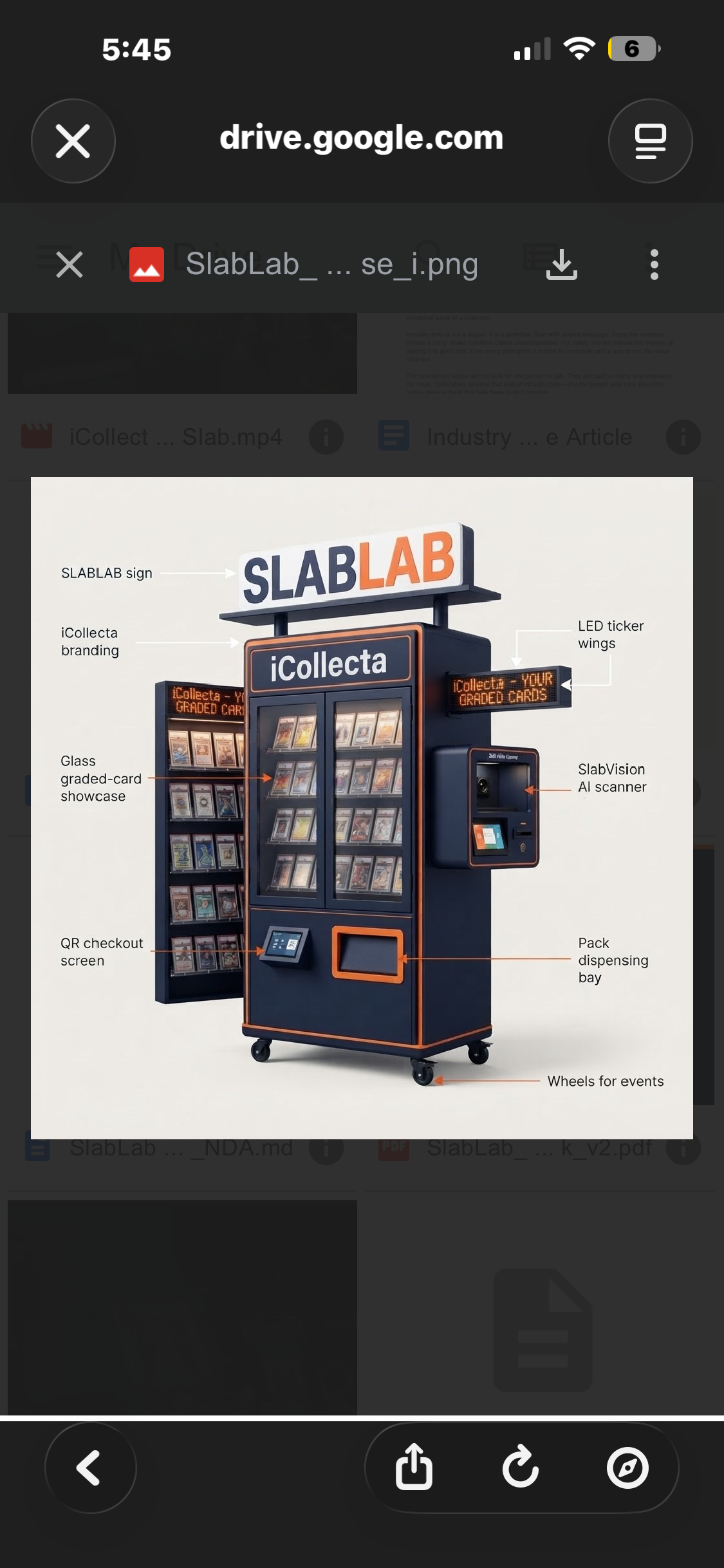 Annotated SlabLab retail kiosk diagram — SLABLAB sign, iCollecta branding, LED ticker wing, SlabVision scanner, pack dispensing bay, QR checkout screen, glass graded-card showcase, and event wheels