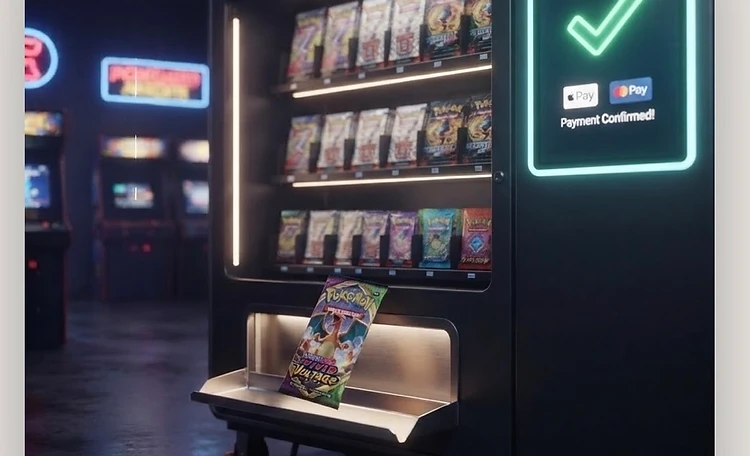 A SlabLab kiosk glowing at a trading card show as collectors open packs