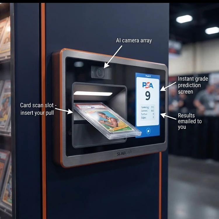 SlabVision scanner close-up — insert your pull, get an instant grade prediction screen