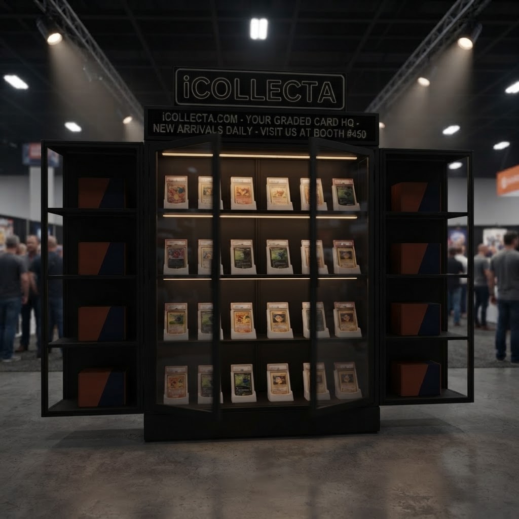 SlabLab Showcase at a card show — wings open, individual card slots full of graded slabs