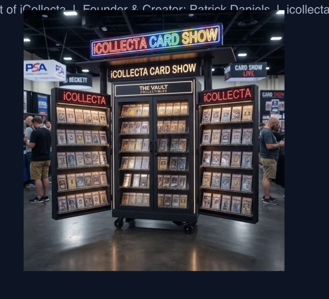 SlabLab Showcase at a card show — wings open, individual card slots full of graded slabs