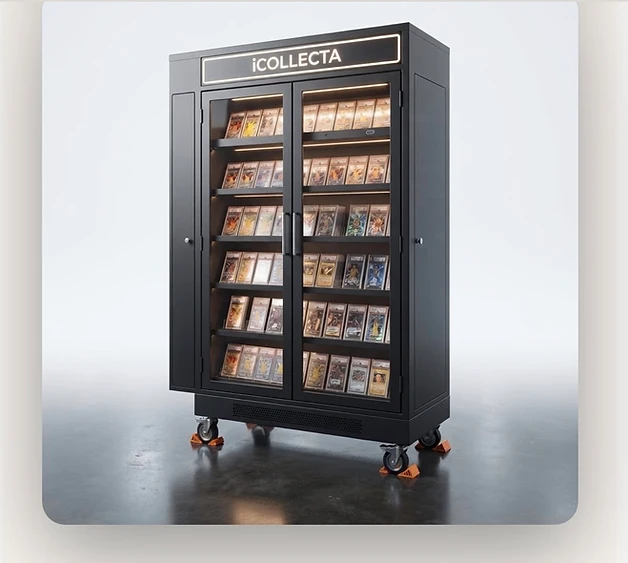 SlabLab Home Showcase — matte black glass-door graded card cabinet for man caves and card shops