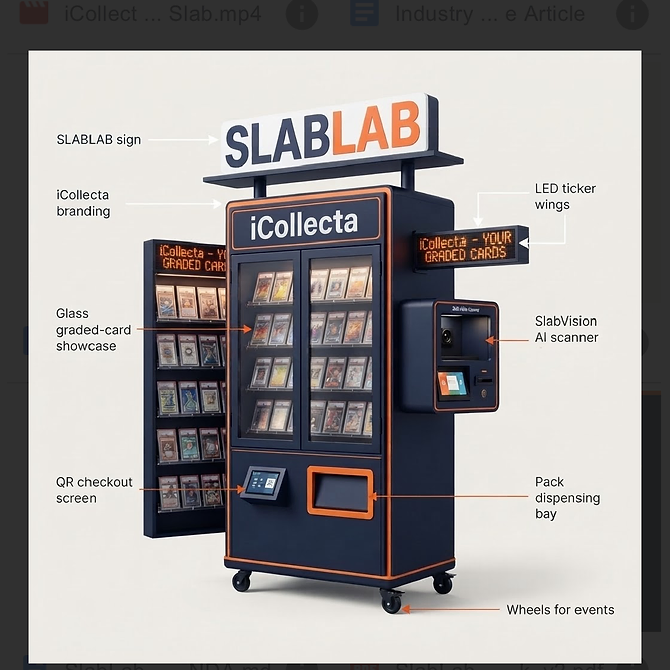 SLABLAB KIOSK™ — the full machine with LED ticker wings, glass showcase, SlabVision scanner, and pack dispensing bay