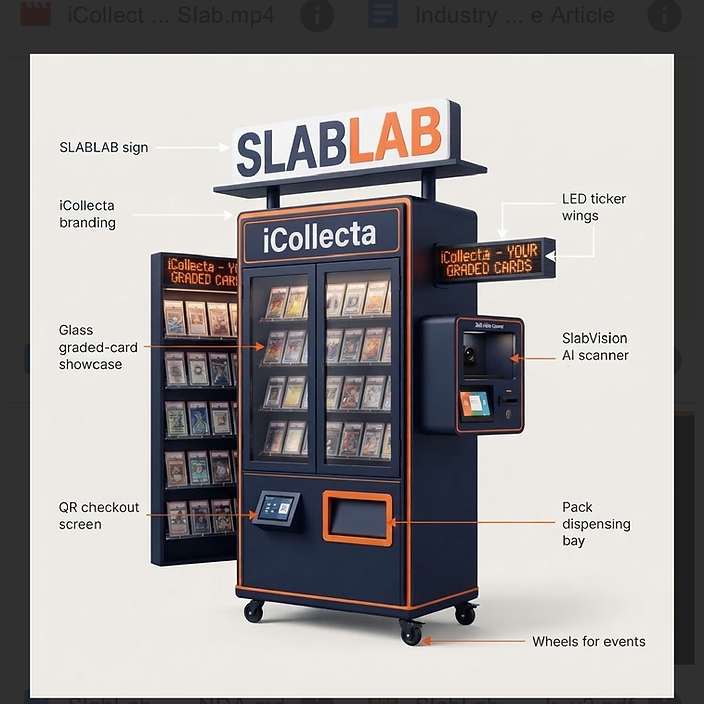 SLABLAB KIOSK™ — the full machine with LED ticker wings, glass showcase, SlabVision scanner, and pack dispensing bay