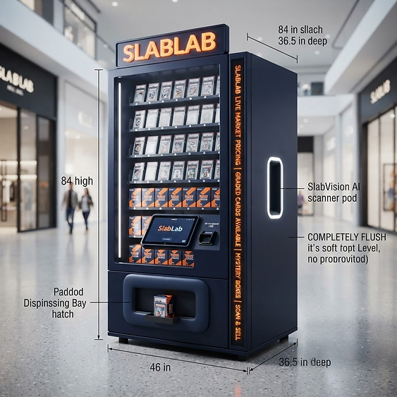 SlabLab Retail Kiosk — navy kiosk with orange trim, scanner bay, dispensing bay, and QR checkout screen