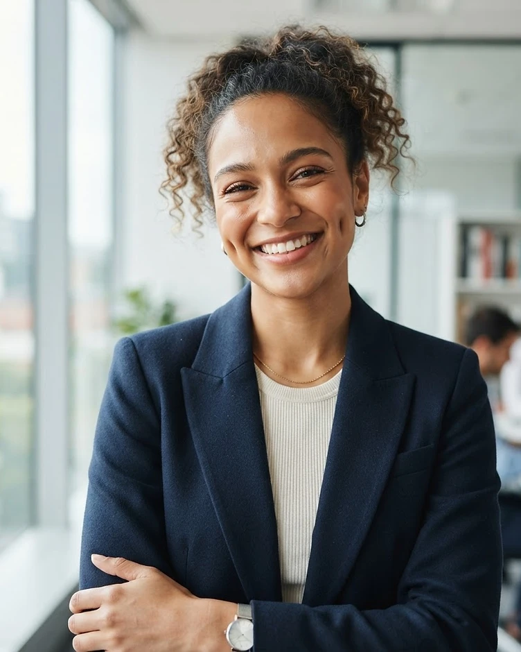 A confident professional with an authentic, engaged expression
