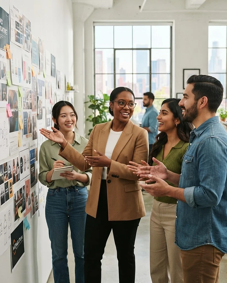 A creative team collaborating in a bright agency studio
