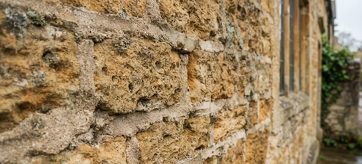 Weathered sandstone masonry with lime mortar joints on an older building