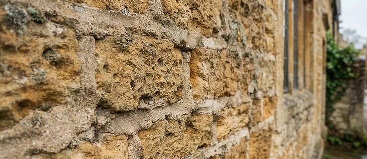 Weathered sandstone and brick masonry detail with lime mortar joints
