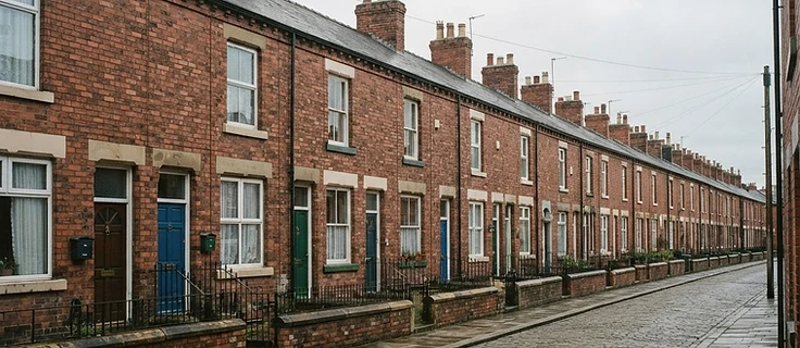 Terraced houses with slate roofs and chimney stacks, some shared between properties