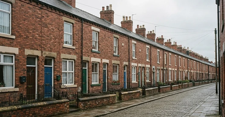 Row of Victorian red brick terraced houses with slate roofs and repeating chimney stacks