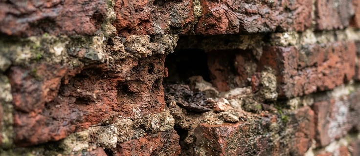 Close view of crumbling, weathered mortar joints in old red brick masonry