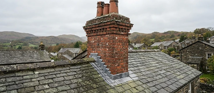 Traditional brick chimney stack with weathered brickwork and lead flashing on a slate roof