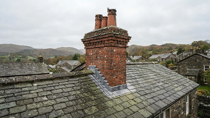 Victorian red brick chimney stack with stepped lead flashing on a slate roof under a grey Cumbrian sky
