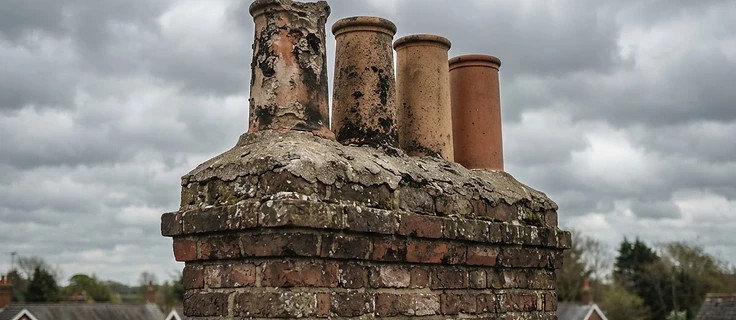 Clay chimney pots bedded in cement flaunching on top of an old brick chimney stack