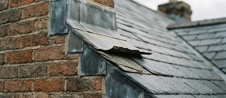 Junction of a brick chimney and slate roof showing lead flashing where water can enter