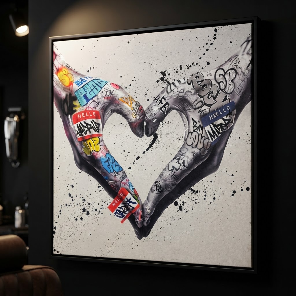 Graffiti heart hands canvas hanging in the shop