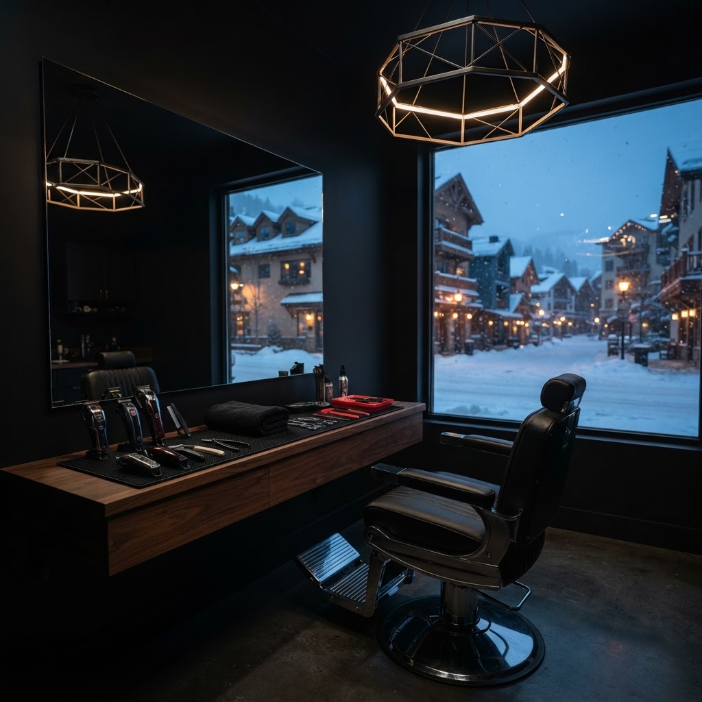 Barber station with clippers, combs and shears laid out