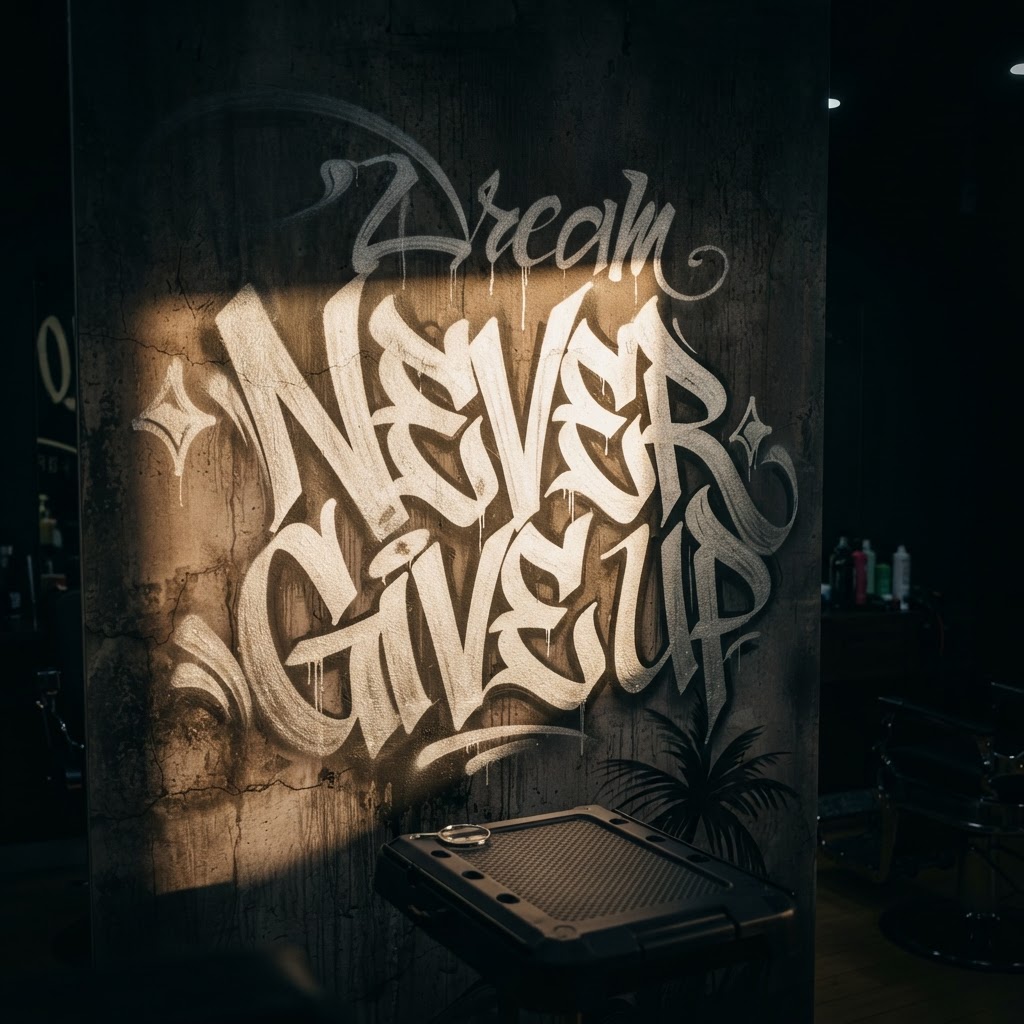 Never Give Up mural painted on the shop wall