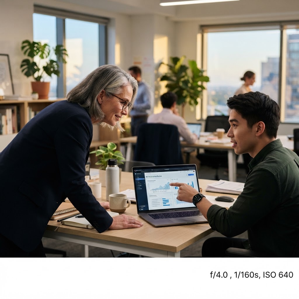 Two colleagues at a desk working through a task together on a laptop