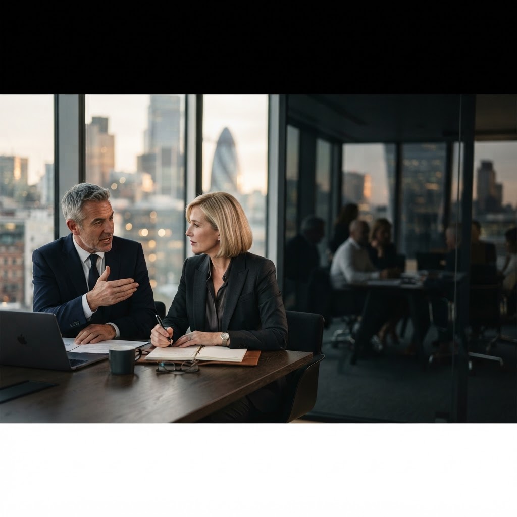 Senior consultants discussing strategy in a modern office