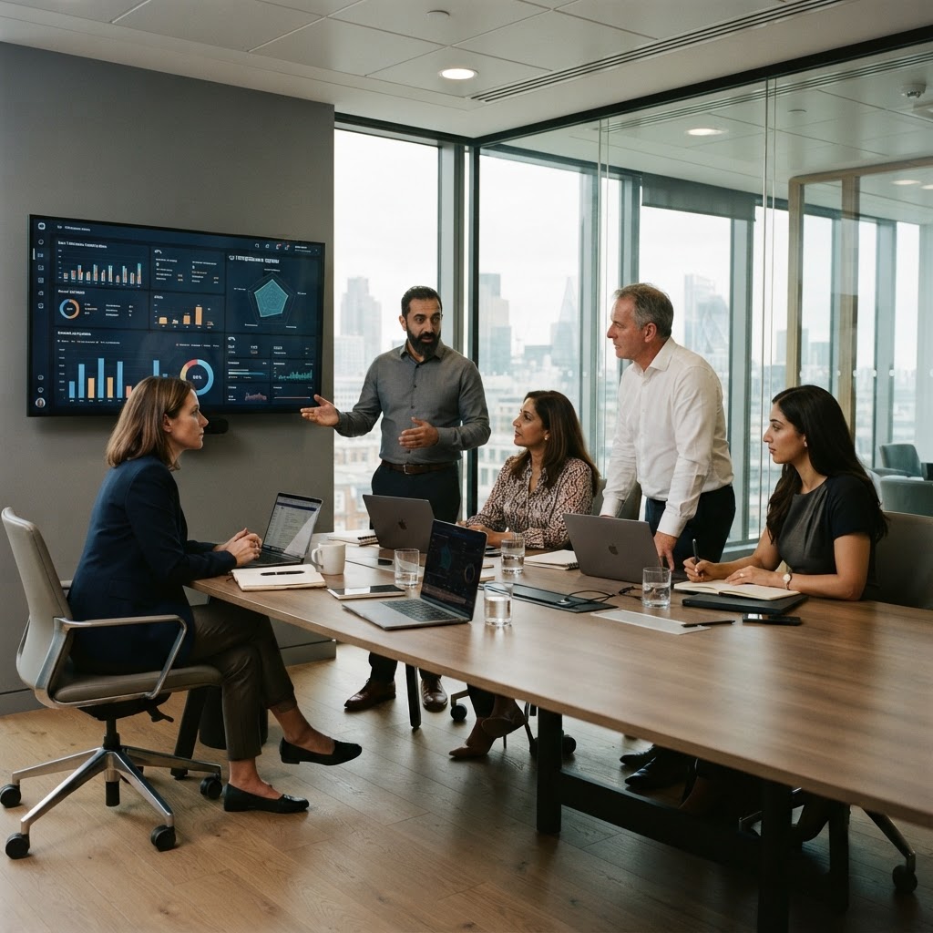 A leadership team reviewing a readiness dashboard together in a boardroom