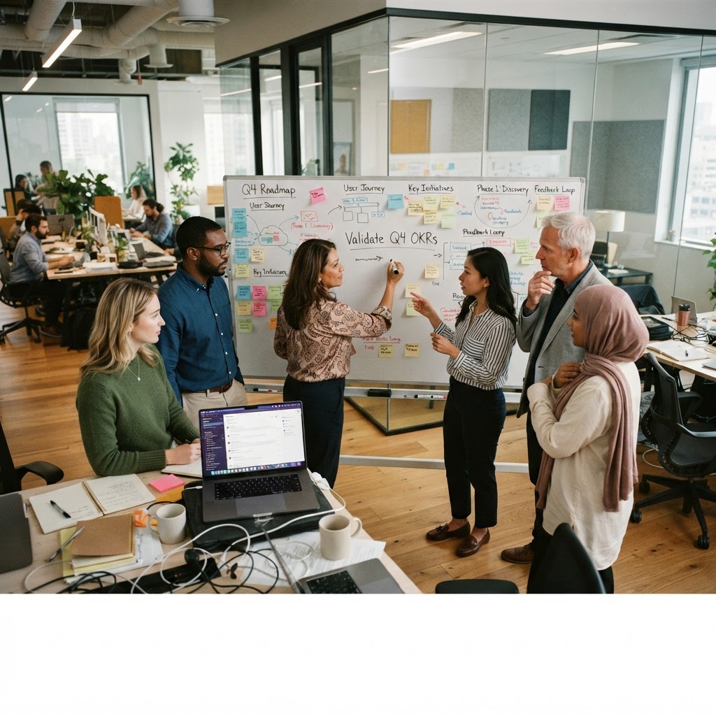 Colleagues in a working session mapping processes on a whiteboard beside a laptop