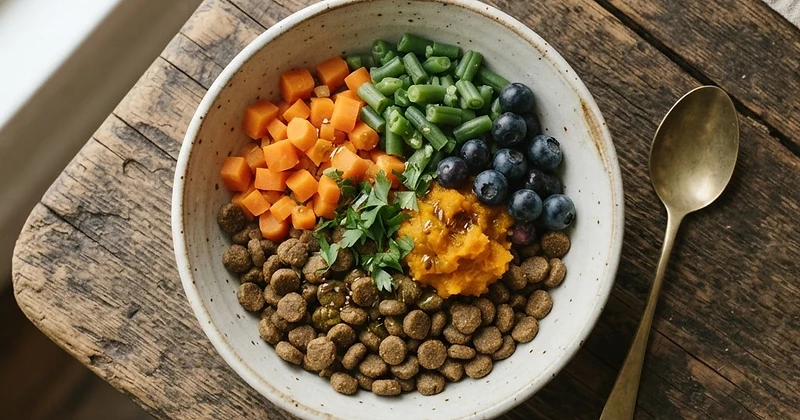 A healthy dog's meal bowl on a weathered wooden table in natural light