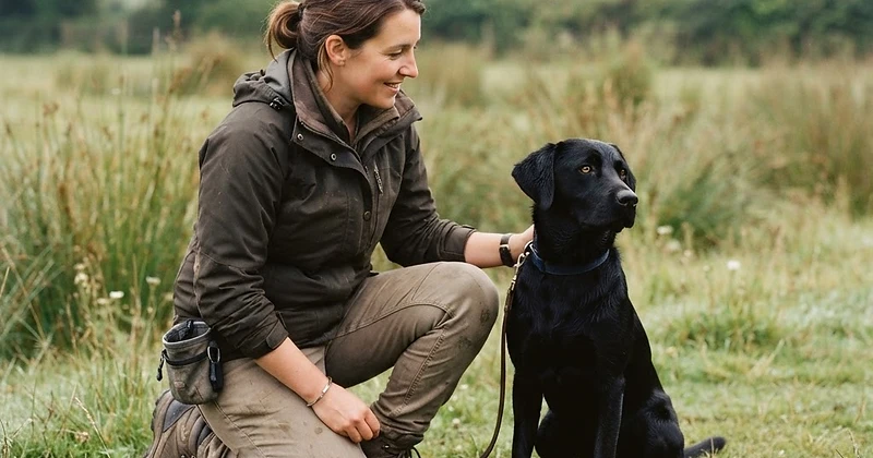 A trainer working with a Labrador in a sit-stay on a grassy field