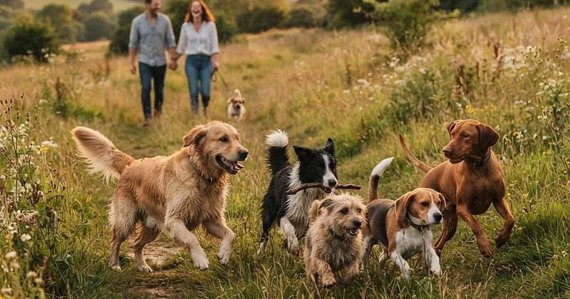 Dogs playing together in a sunlit meadow