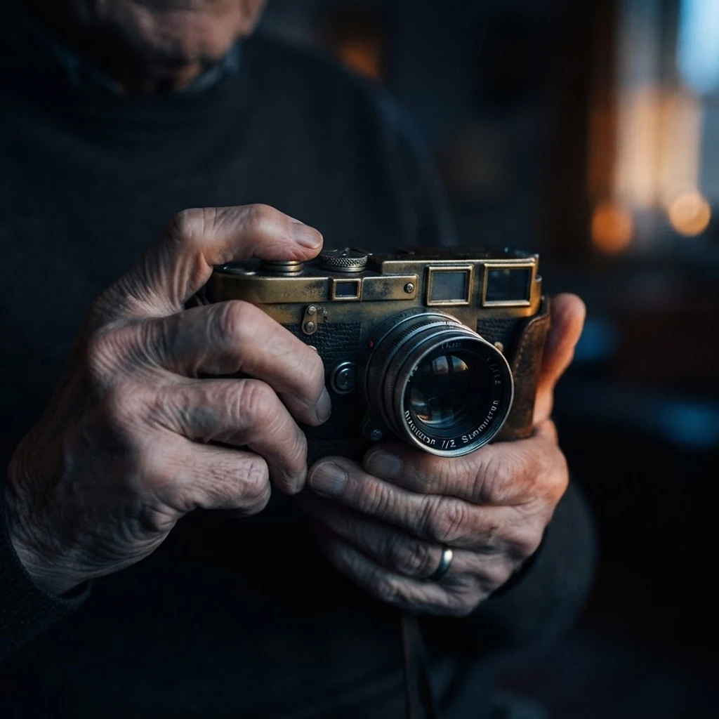 Hands holding a vintage film camera