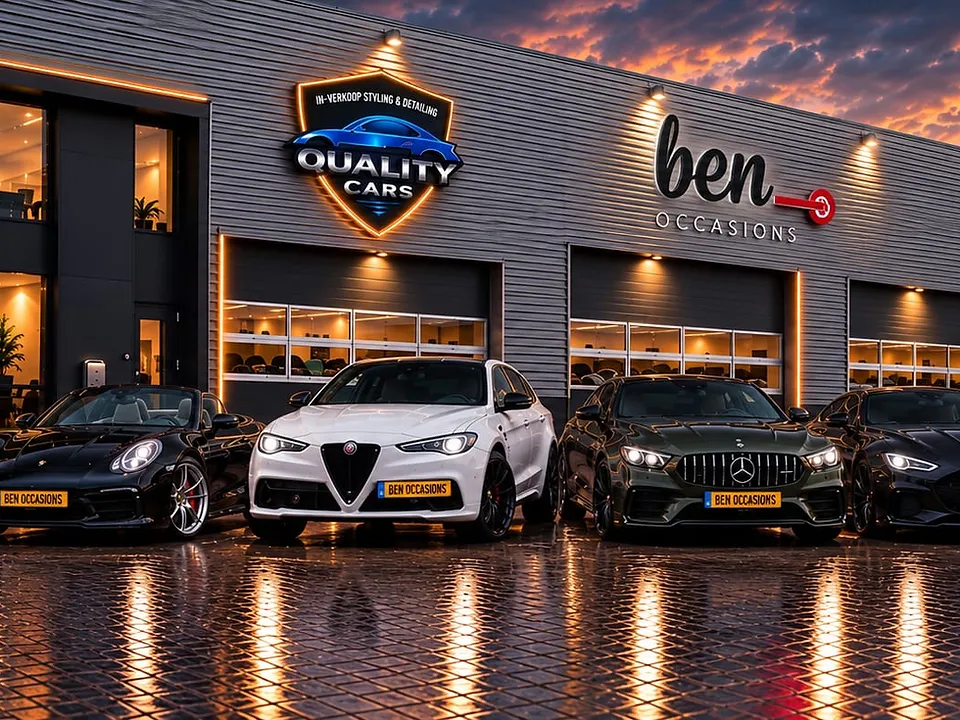 Luxueuze auto in een donkere detailingstudio met gouden en blauwe belichting