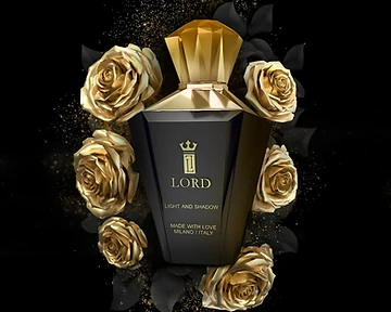 Perfume bottle framed by floating metallic gold roses with sparkle detail