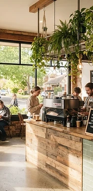 The Neighbourhood Cafe interior with pastry display and timber counter