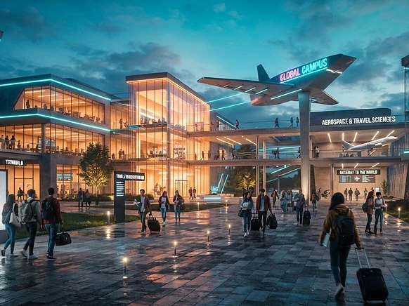 Modern glass-walled international campus at twilight