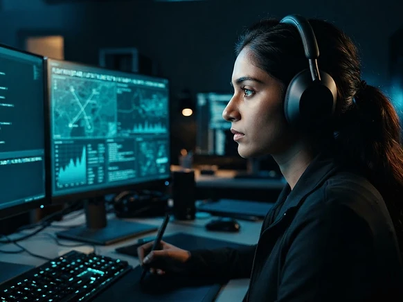Developer in a modern workspace illuminated by code