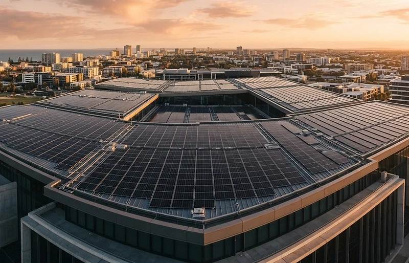 Tetto contemporaneo con pannelli fotovoltaici al tramonto