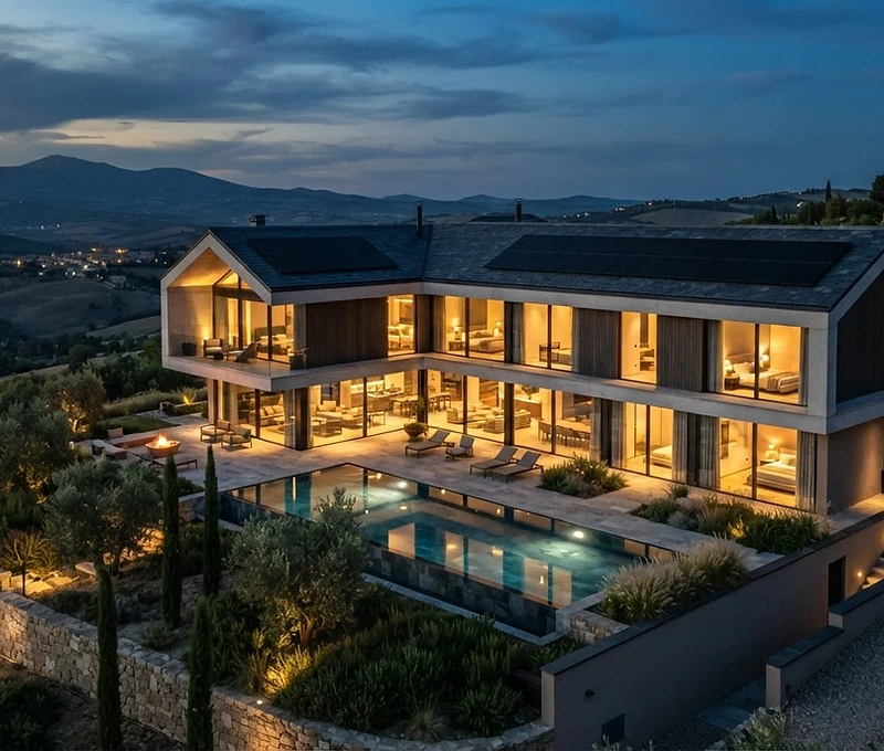 Villa italiana contemporanea con pannelli fotovoltaici integrati sul tetto al tramonto