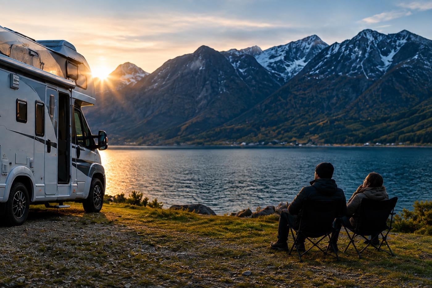 Par i campingstoler foran bobil ved fjorden, med solnedgang over snøkledde fjell