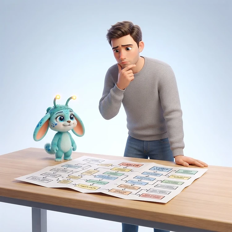 Un jeune adulte accompagné de la mascotte CapSkills, en réflexion sur son avenir professionnel