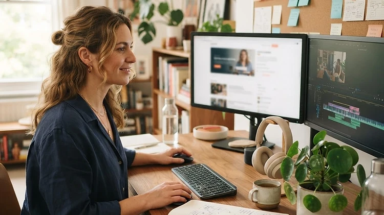 A course creator designing lessons at a desk with a moodboard behind