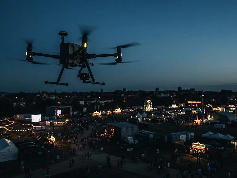 Professional UAV operating over a public event site at dusk