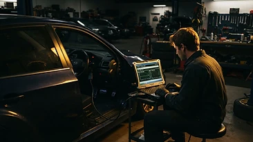 Diagnostyka komputerowa samochodu – tester podłączony do gniazda OBD