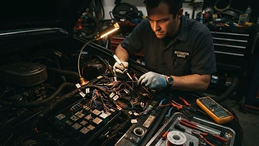 Elektromechanik samochodowy naprawiający instalację elektryczną pojazdu
