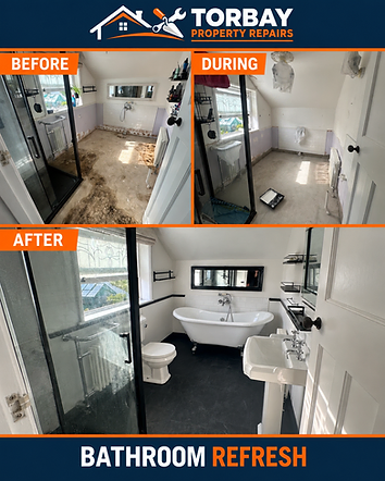 Bathroom before, during preparation and after its refresh, with dark flooring, white walls and black detailing.