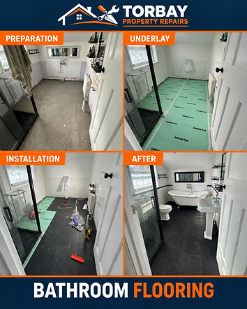 Four stages of the bathroom floor: prepared surface, green underlay, flooring installation and the completed room.