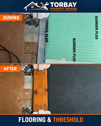Bathroom doorway with underlay during flooring work, followed by the finished dark floor and wooden threshold.